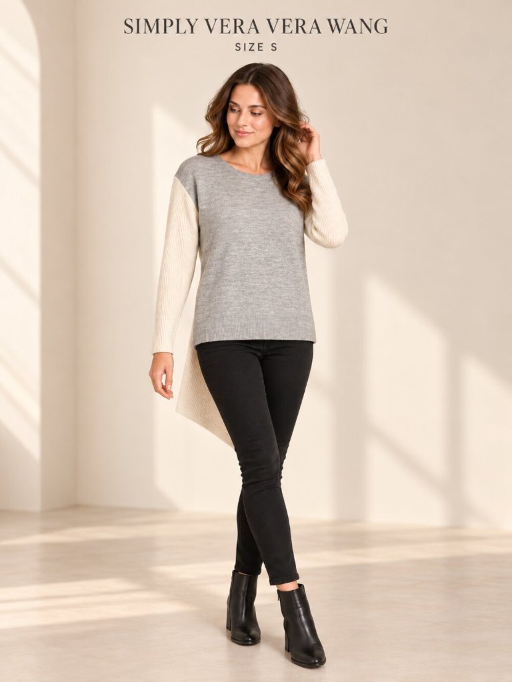 Simply Vera Vera Wang Gray & Ivory Asymmetrical Back Sweater – Size Small